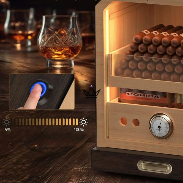 Prestige Cedar Lux Cigar Humidor - Cedar, Touch LED, 100-150 Cigars, Glass Drawer, 2 Humidifiers, Front Hygrometer, Walnut or Carbon – 9/15