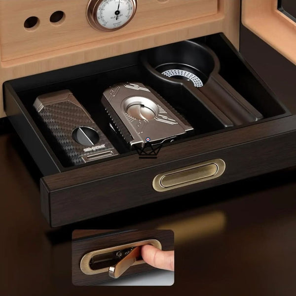 Prestige Cedar Lux Cigar Humidor - Cedar, Touch LED, 100-150 Cigars, Glass Drawer, 2 Humidifiers, Front Hygrometer, Walnut or Carbon – 12/15