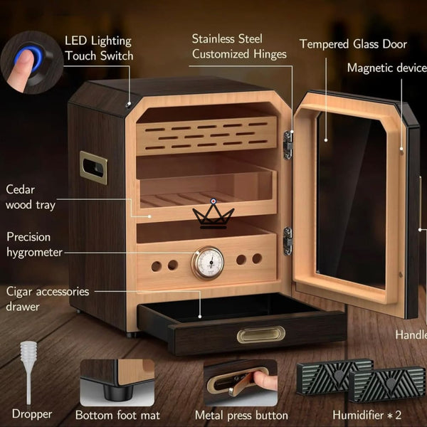 Prestige Cedar Lux Cigar Humidor - Cedar, Touch LED, 100-150 Cigars, Glass Drawer, 2 Humidifiers, Front Hygrometer, Walnut or Carbon – 11/15