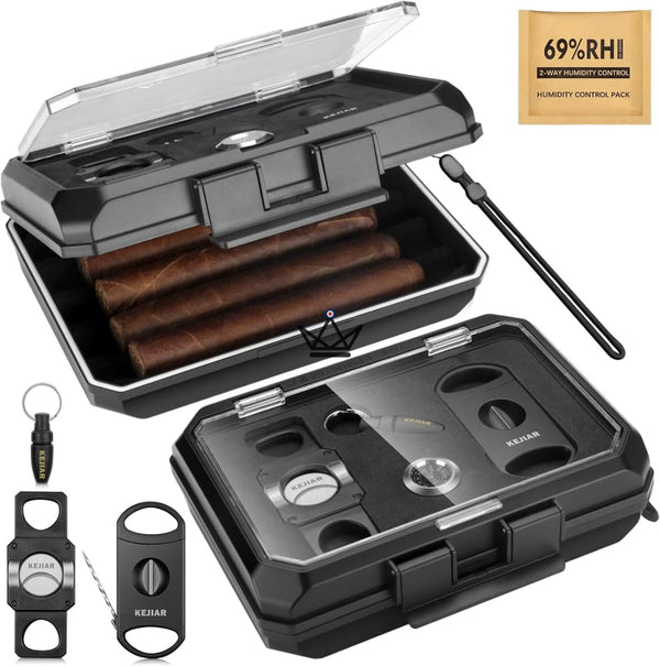 New Origin Cigar Travel Humidor — portable mini humidor, hygrometer & 5 integrated accessories – 3/16