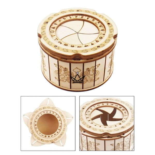 3D wooden puzzle round secret box, diaphragm lid - IRIS