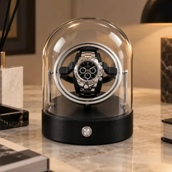 Single watch winder under a glass dome with gyroscopic rings - ASTROLABE