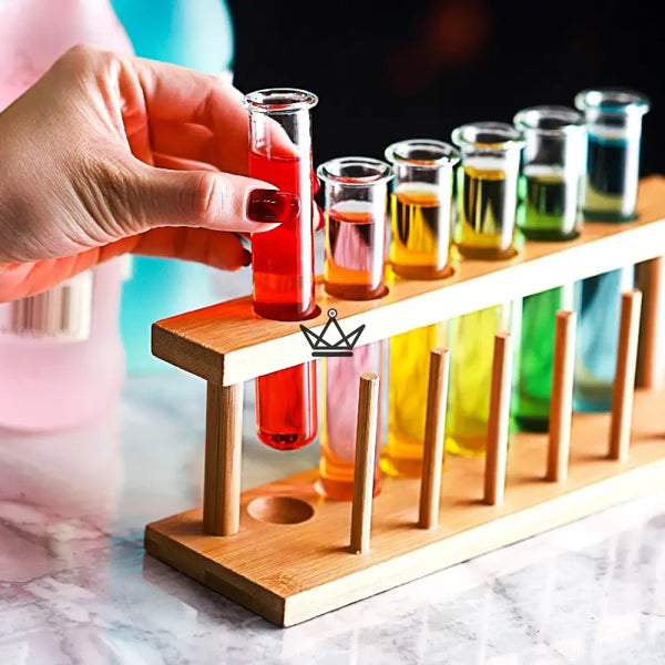 Wooden test tube rack and borosilicate glass test tubes — RETORT, 6 tubes + stand