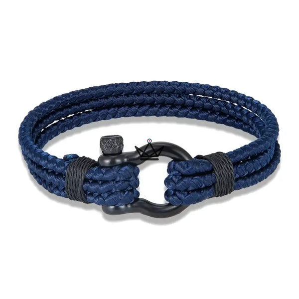 Braided cord bracelet with black steel marine shackle — BOSCO, Navy blue / S