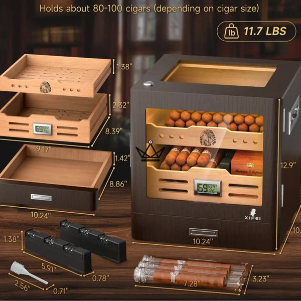 Dominion Legacy Cigar Humidor — Spanish Cedar, Glass Front, 3-Color Touch LED, 100-Cigar Capacity, Digital Hygrometer & 2 Gel Humidifiers – 3/8