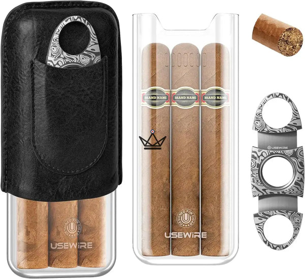 Vanguard Cigar Case — Genuine Leather & Transparent HD Acrylic, 3 Cigars, Double-Blade Cigar Cutter Included, Black or Brown, Black
