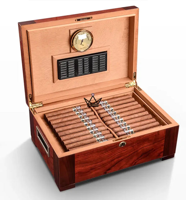 Aura Cedar Humidor — rosewood & abalone, 100 cigars, adjustable cedar dividers, gold lock – 2/8