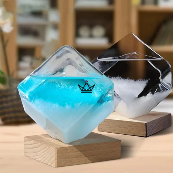 Glass cube storm glass barometer on wooden base - FROST