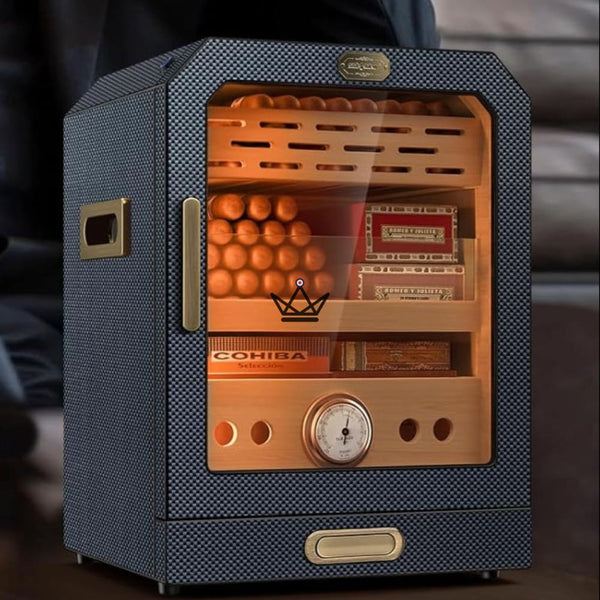 Prestige Cedar Lux Cigar Humidor - Cedar, Touch LED, 100-150 Cigars, Glass Drawer, 2 Humidifiers, Front Hygrometer, Walnut or Carbon – 3/15