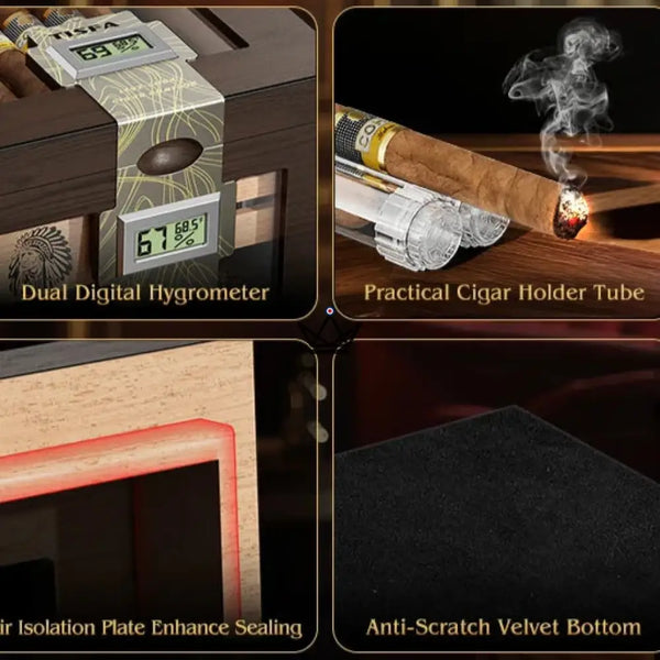 Dominion Heritage Cigar Humidor — Spanish Cedar, Glass Top, 80 Cigars, 2 Digital Hygrometers, 2 Gel Humidifiers & 3 Travel Tubes – 8/8