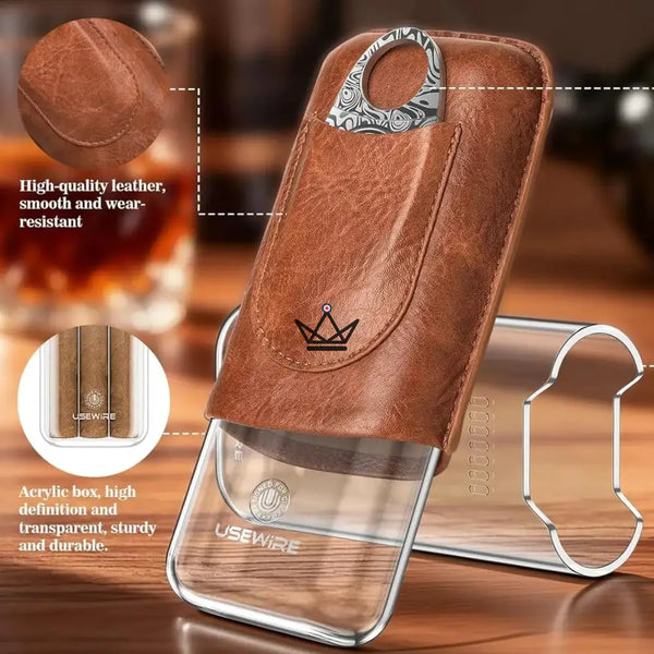 Vanguard Cigar Case — Genuine Leather & Transparent HD Acrylic, 3 Cigars, Double-Blade Cigar Cutter Included, Black or Brown – 5/7