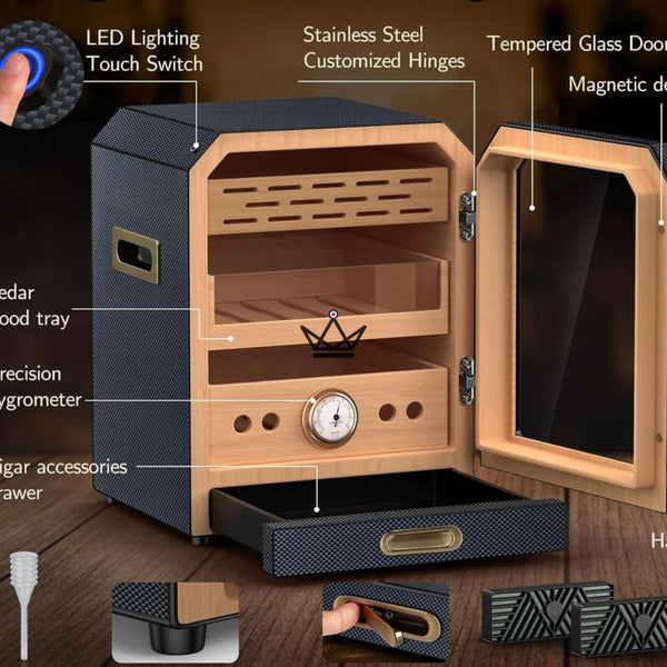 Prestige Cedar Lux Cigar Humidor - Cedar, Touch LED, 100-150 Cigars, Glass Drawer, 2 Humidifiers, Front Hygrometer, Walnut or Carbon – 10/15