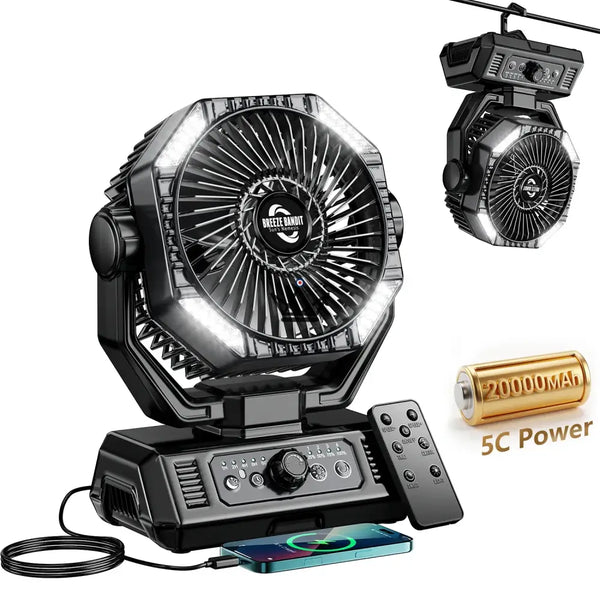 NOELY Portable Battery Fan — 20,000 mAh, LED & Power Bank, Black