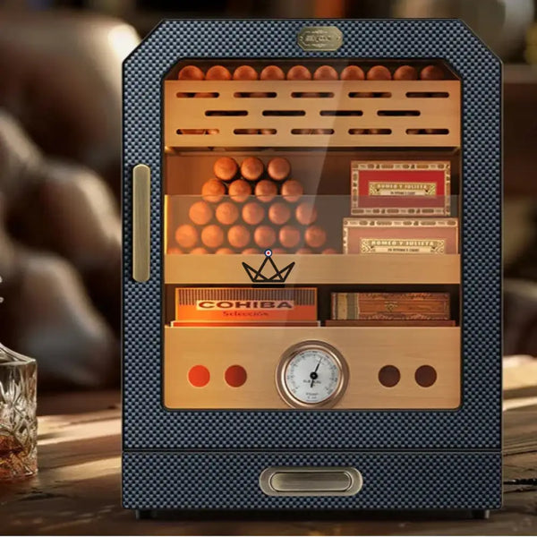 Prestige Cedar Lux Cigar Humidor - Cedar, Touch LED, 100-150 Cigars, Glass Drawer, 2 Humidifiers, Front Hygrometer, Walnut or Carbon – 8/15