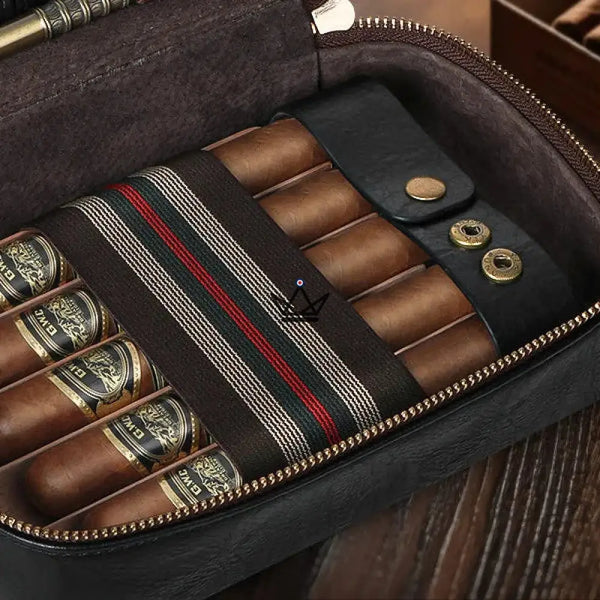 Magyars Wood Cigar Case — 5-cigar cedar tray, double-bladed cigar cutter, dragon head needle & Boveda 72% kit – 8/12
