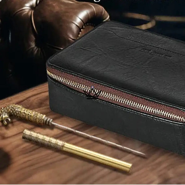 Magyars Wood Cigar Case — 5-cigar cedar tray, double-bladed cigar cutter, dragon head needle & Boveda 72% kit – 12/12