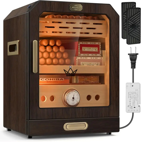 Prestige Cedar Lux Cigar Humidor - Cedar, Touch LED, 100-150 Cigars, Glass Drawer, 2 Humidifiers, Front Hygrometer, Walnut or Carbon – 14/15