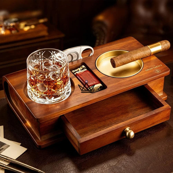 Solid Wood Cigar Ashtray with Whisky Slot and Drawer - Whisky Butler