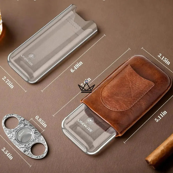 Vanguard Cigar Case — Genuine Leather & Transparent HD Acrylic, 3 Cigars, Double-Blade Cigar Cutter Included, Black or Brown – 4/7