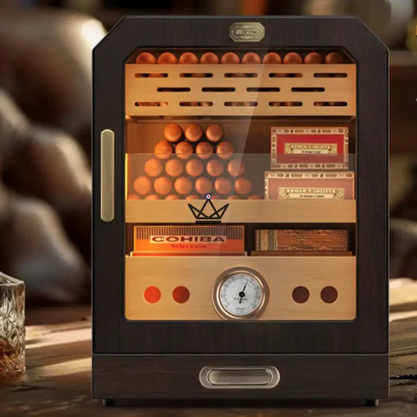 Prestige Cedar Lux Cigar Humidor - Cedar, Touch LED, 100-150 Cigars, Glass Drawer, 2 Humidifiers, Front Hygrometer, Walnut or Carbon – 7/15