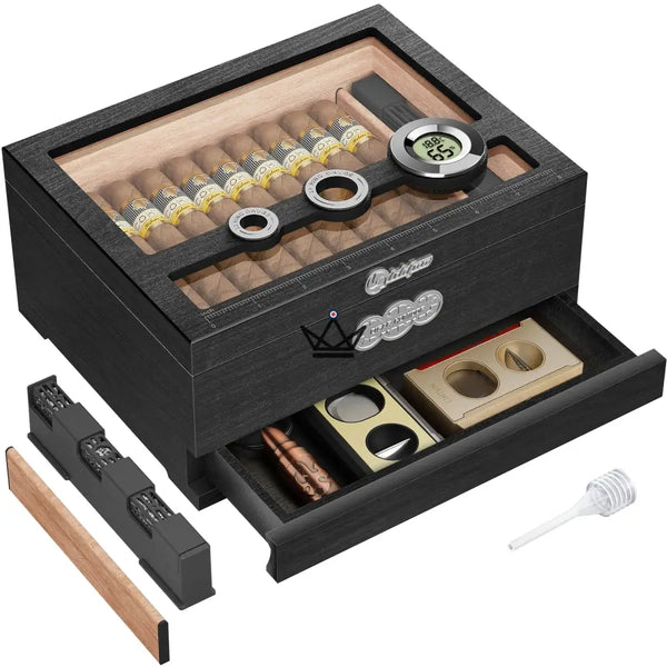 Orbis Vault Humidor — Spanish Cedar, Glass Top, Digital Hygrometer & Gel Humidifier, Onyx Edition