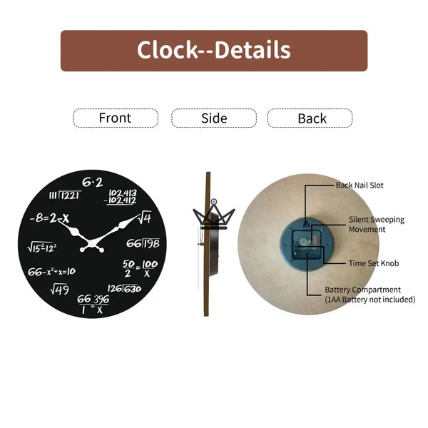 Silent mathematical wall clock with black background - ALGORA