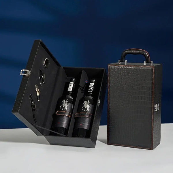 2-bottle wine gift set with sommelier accessories — SOMMELIER, Black crocodile