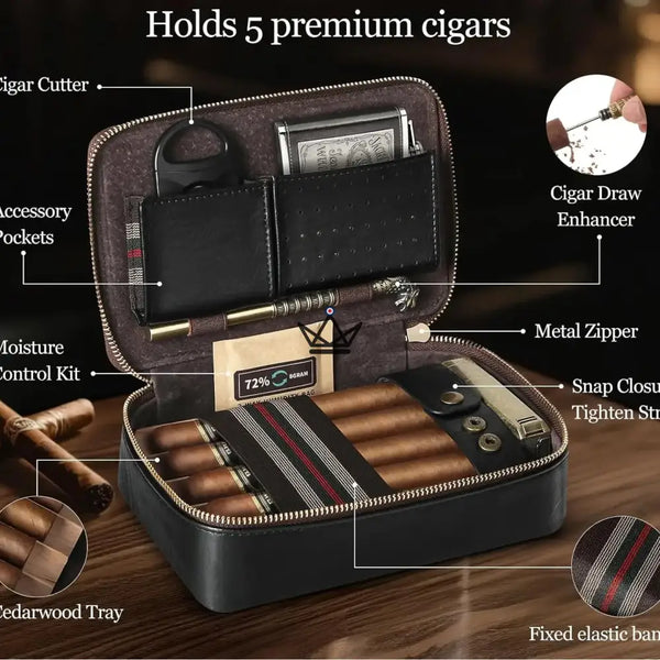 Magyars Wood Cigar Case — 5-cigar cedar tray, double-bladed cigar cutter, dragon head needle & Boveda 72% kit – 3/12