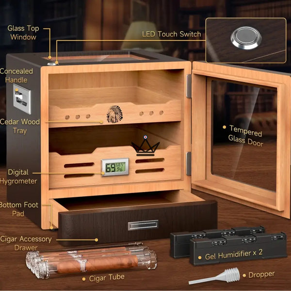 Dominion Legacy Cigar Humidor — Spanish Cedar, Glass Front, 3-Color Touch LED, 100-Cigar Capacity, Digital Hygrometer & 2 Gel Humidifiers – 4/8