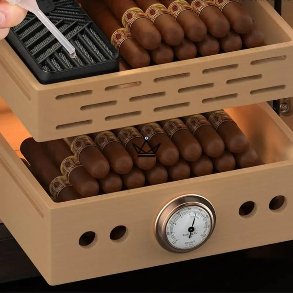 Prestige Cedar Lux Cigar Humidor - Cedar, Touch LED, 100-150 Cigars, Glass Drawer, 2 Humidifiers, Front Hygrometer, Walnut or Carbon – 13/15