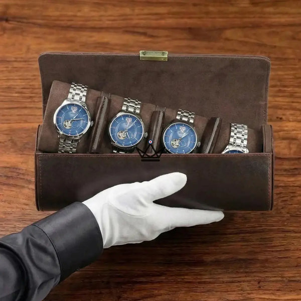 Customizable Leather Travel Watch Case for 1 to 4 Watches — Voyageur CAPSULE, Quartet — 4 watches