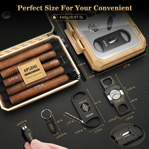 New Origin Cigar Travel Humidor — portable mini humidor, hygrometer & 5 integrated accessories – 7/16
