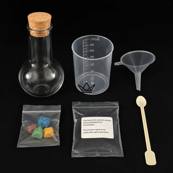 Magical crystal garden in a vial, chemistry experiment — GERMINA, Round flask