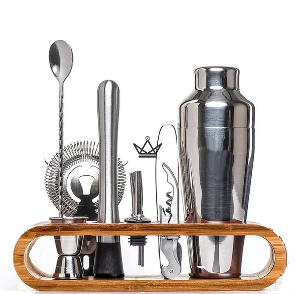 10-piece bar set on bamboo stand — MIXOLOGIST, Brushed steel