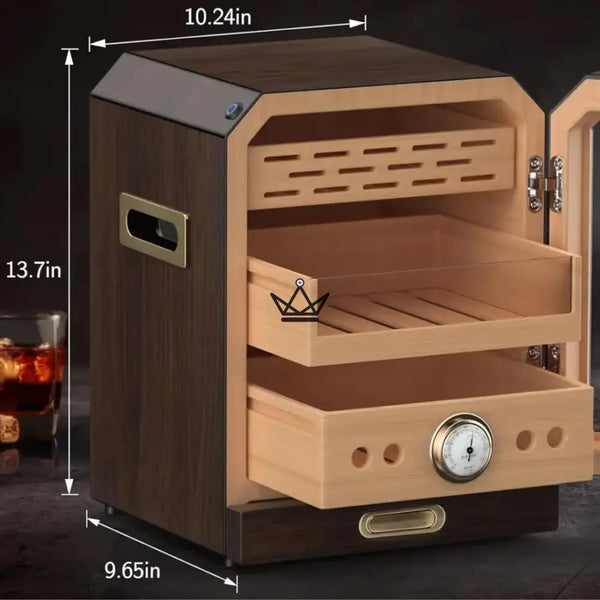 Prestige Cedar Lux Cigar Humidor - Cedar, Touch LED, 100-150 Cigars, Glass Drawer, 2 Humidifiers, Front Hygrometer, Walnut or Carbon – 6/15