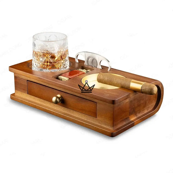 Solid Wood Cigar Ashtray with Whisky Slot and Drawer - Whisky Butler