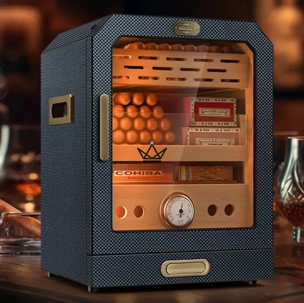 Prestige Cedar Lux Cigar Humidor - Cedar, Touch LED, 100-150 Cigars, Glass Drawer, 2 Humidifiers, Front Hygrometer, Walnut or Carbon, Carbon Fiber