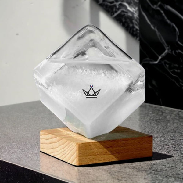 Glass cube storm glass on wooden base — FROST, Transparent / S
