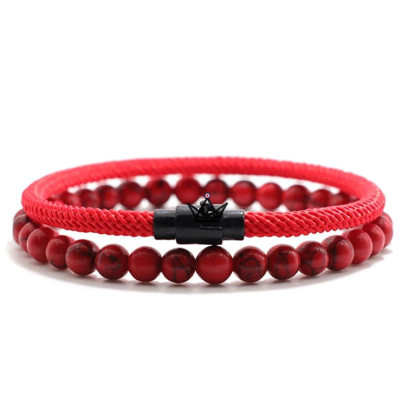 DUO ELEMENTARY STONE Pack - Cord & Onyx Bracelet - 9 Colors, Red / XS - 16.5cm