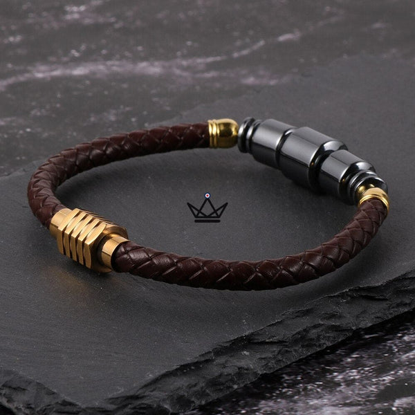 Bracelet en cuir tressé à fermoir magnétique - TITANIUM - - bracelet - Cadeau, Noël, Anniversaire, Original - Atelier Atypique