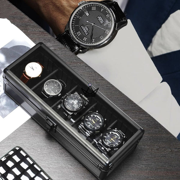 ORDO TEMPUS Luxury Watch Storage Box — Aluminum, 5 Slots, Black or Green, Black