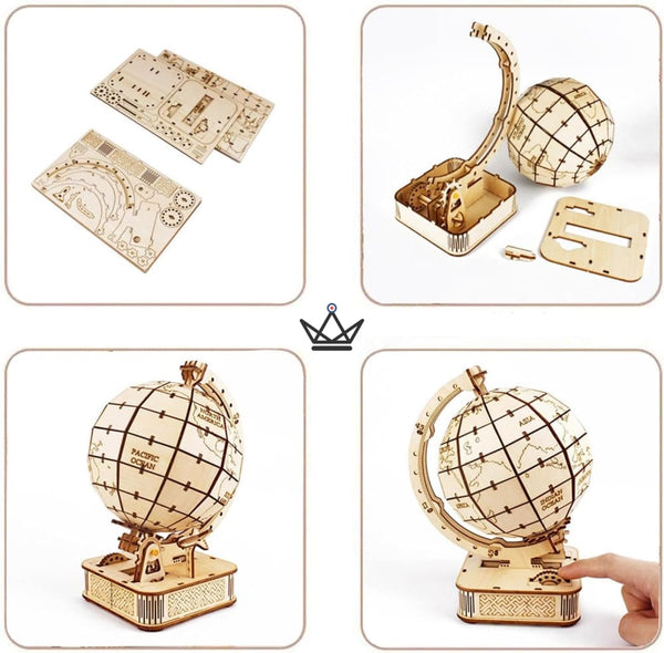3D wooden globe puzzle on a stand to assemble - MERIDIAN