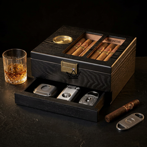 Glass-top cedar cigar humidor with drawer and 3-torch lighter, 20 to 35 cigars — CARTEL