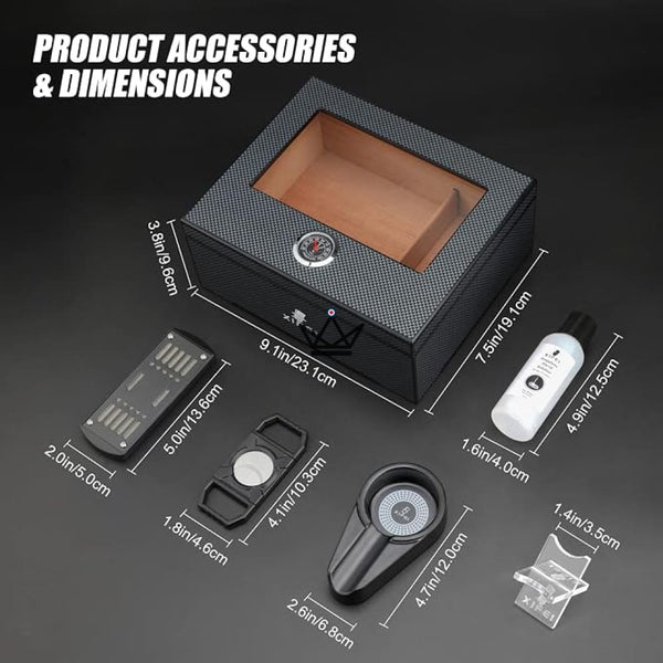 Carbon Fiber Cigar Humidor with accessories, 60 cigars - SHADOW PRESTIGE