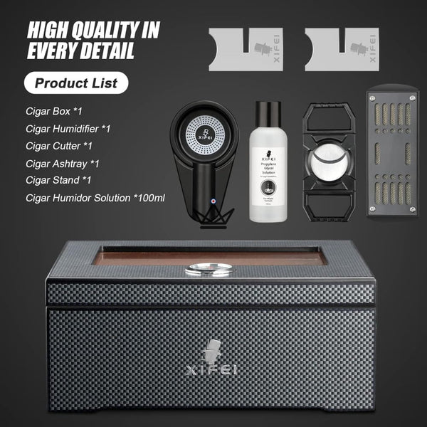 Carbon Fiber Cigar Humidor with accessories, 60 cigars - SHADOW PRESTIGE