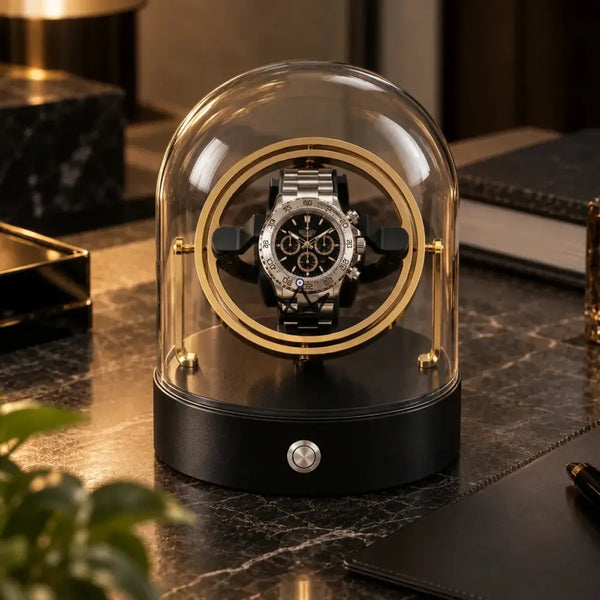 Single watch winder under  a glass dome with gyroscopic rings - ASTROLABE
