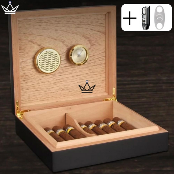 BLACK WOOD Cigar Humidor — Spanish Cedar, 20 Cigars, Hygrometer & Humidifier