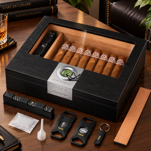 Cigar Humidor with cigar cutter, Glass top, 35 cigars — Horizon Linux