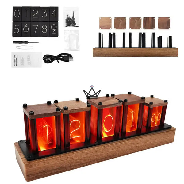 Horloge effet Nixie RVB en bois massif à monter, 6 tubes - FILAMENT - ["maj-filtre","Objets Scientifiques"] - Objets Scientifiques - Cadeau, Noël, Anniversaire, Original, Fête des pères, fête des mères - Atelier Atypique