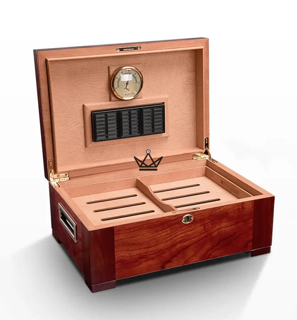 Aura Cedar Humidor — rosewood & abalone, 100 cigars, adjustable cedar dividers, gold lock